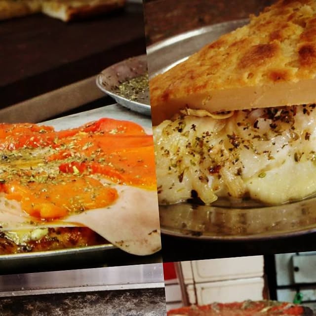 Collage del archivo de La Mezzetta con porciones de pizza, queso fundido y fainá.